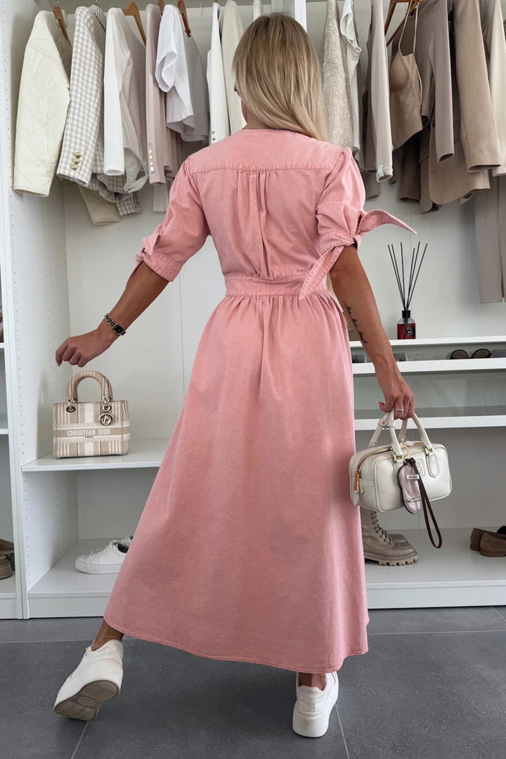 V-neck Single-breasted Denim Dress Pink · M