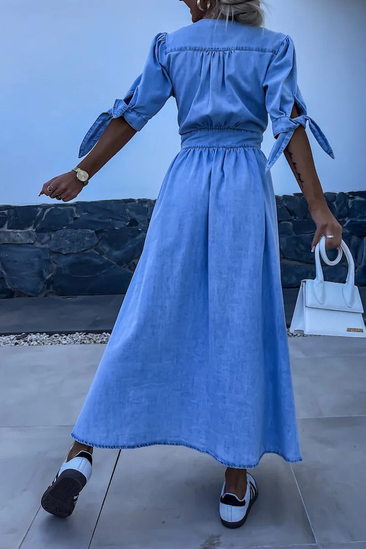 V-neck Single-breasted Denim Dress Blue · S