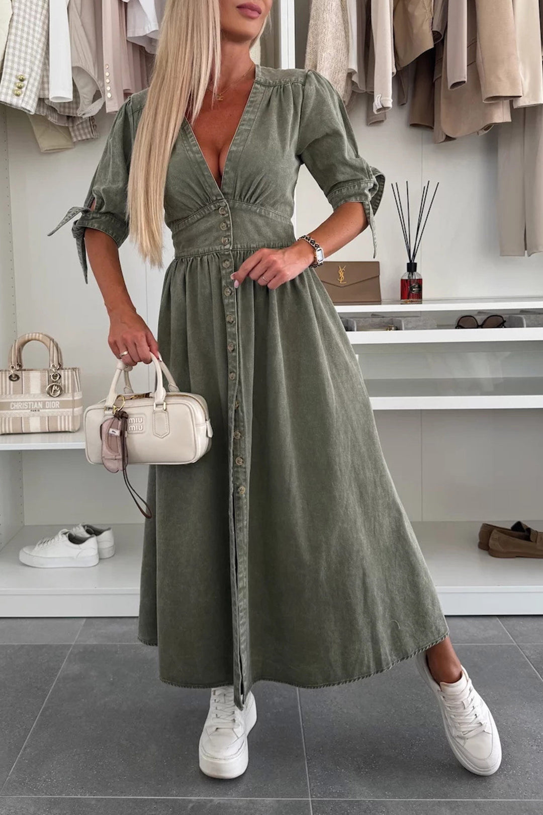 V-neck Single-breasted Denim Dress Black · M