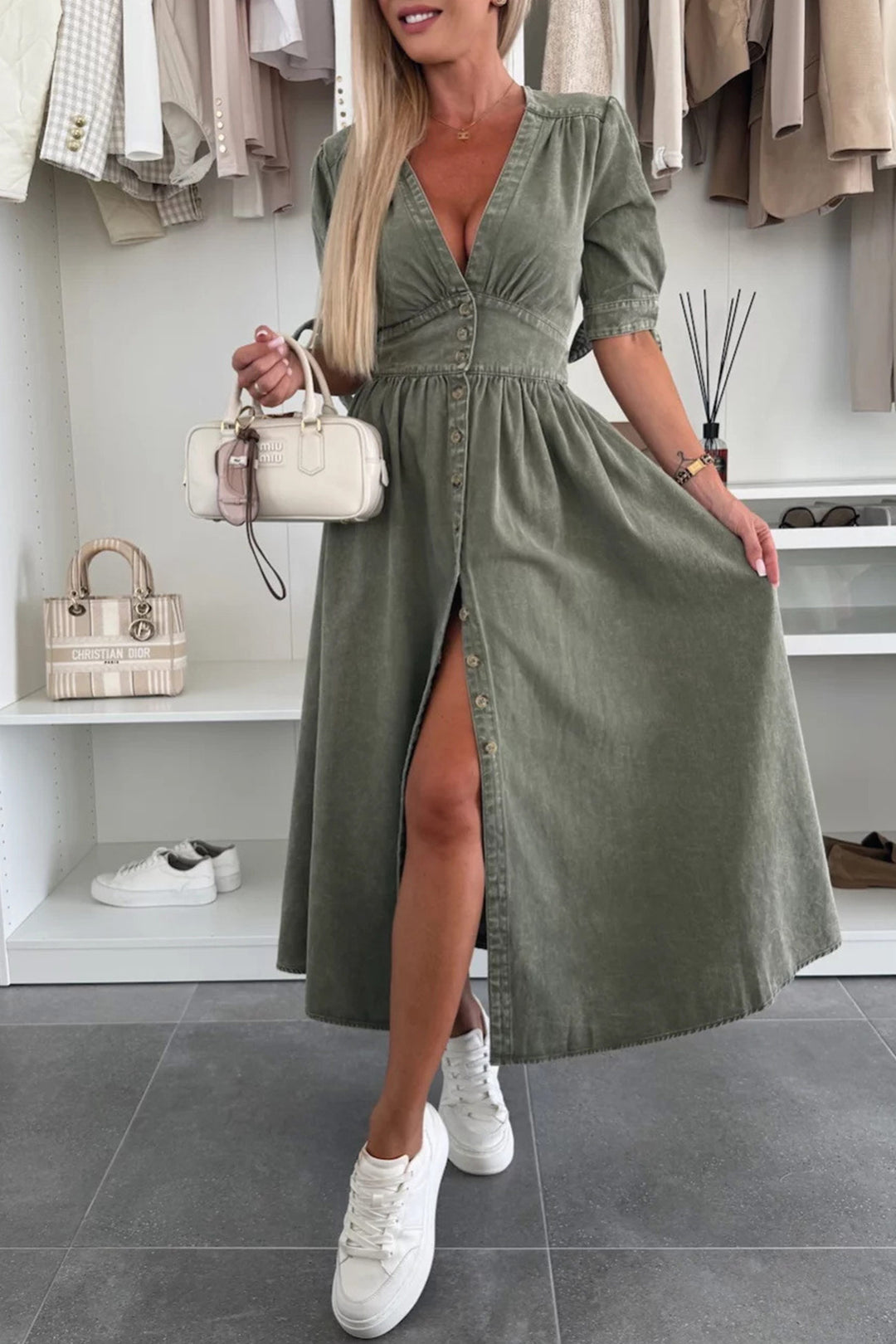 V-neck Single-breasted Denim Dress Black · L