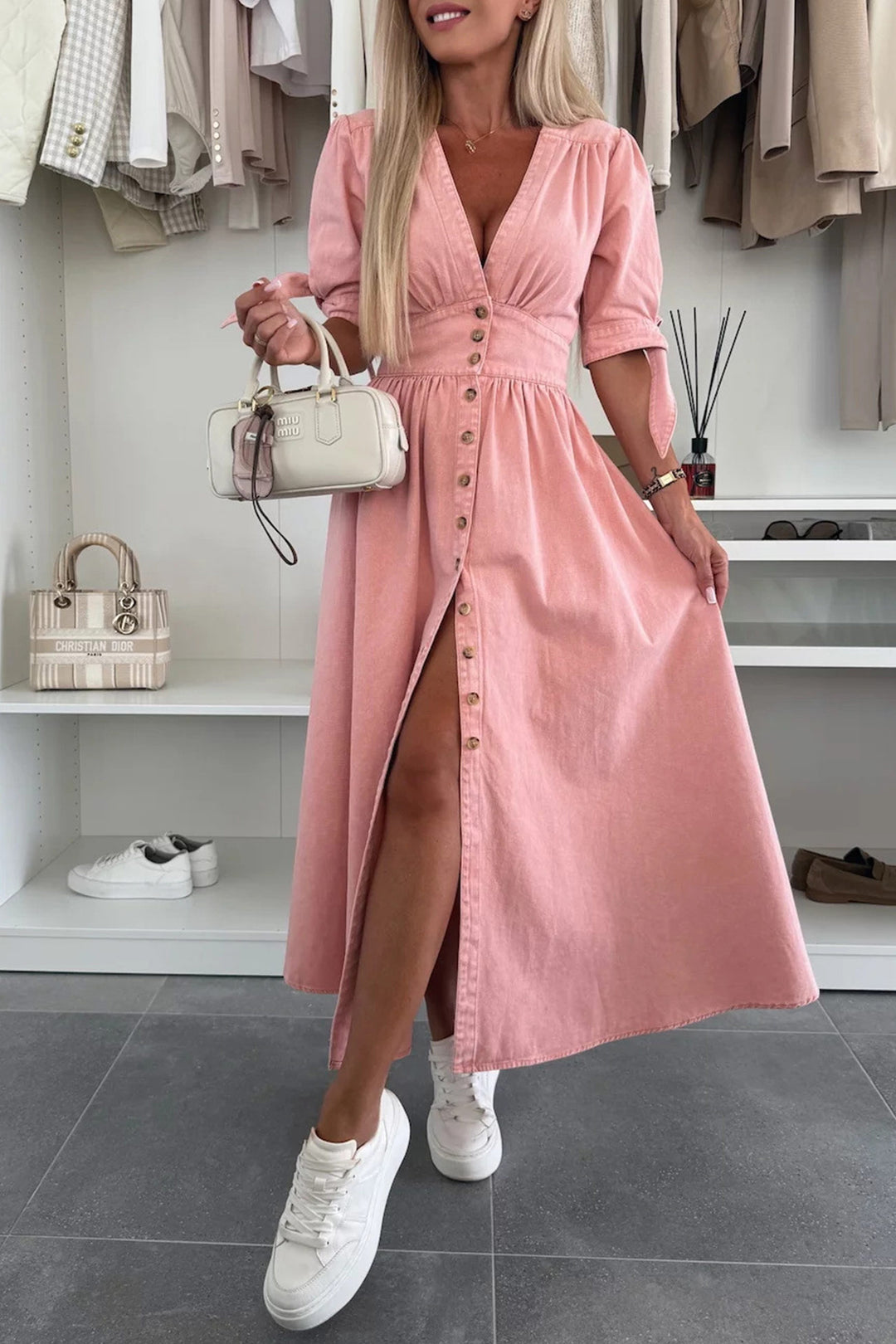 V-neck Single-breasted Denim Dress