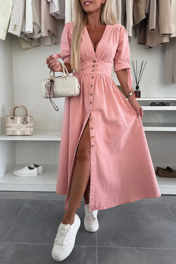 V-neck Single-breasted Denim Dress