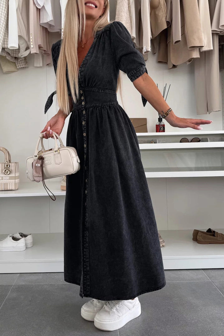 V-neck Single-breasted Denim Dress Blue · XL