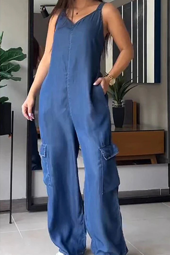 V Neck Back Smocking Pocket Jumpsuits Blue · S