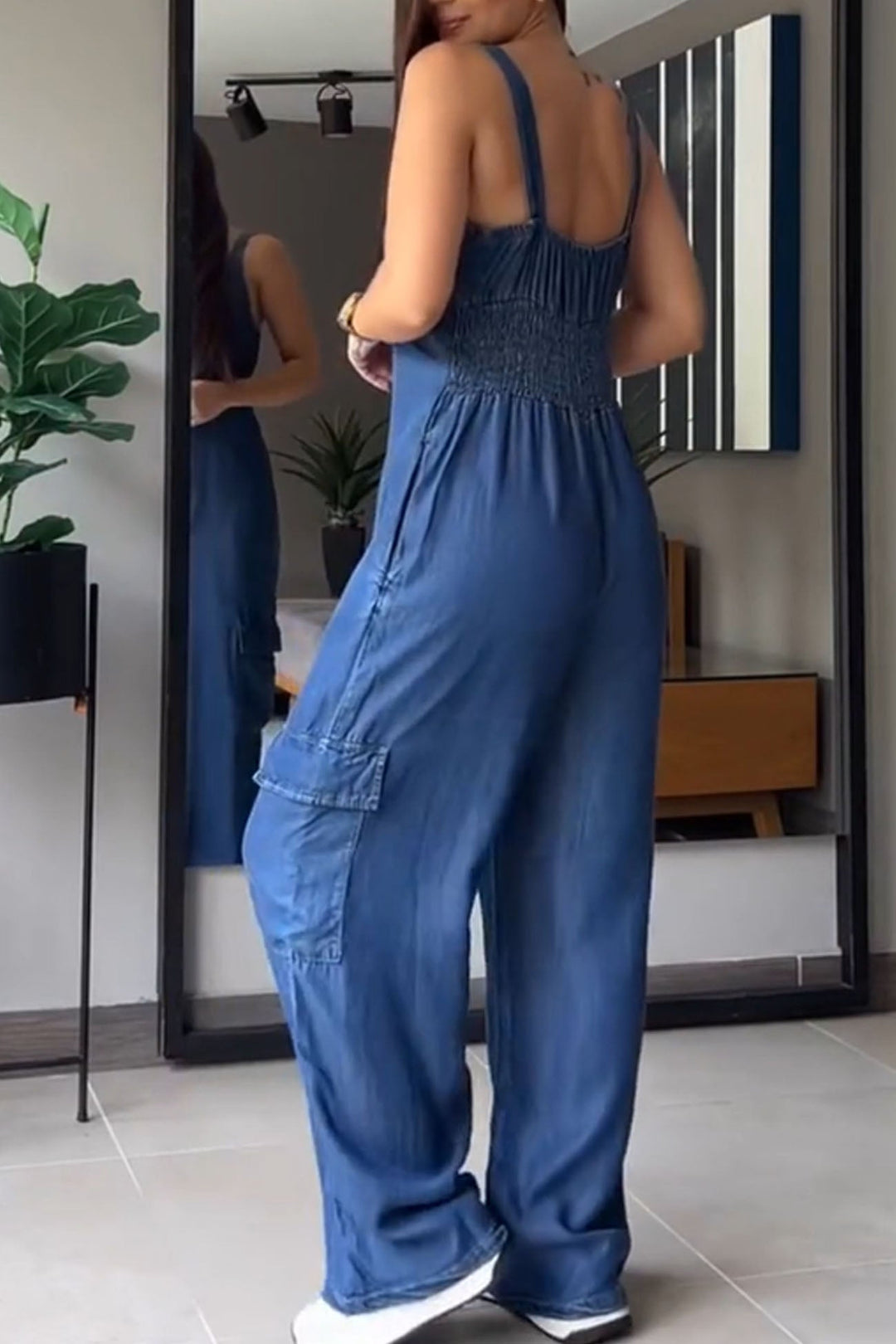 V Neck Back Smocking Pocket Jumpsuits Blue · M