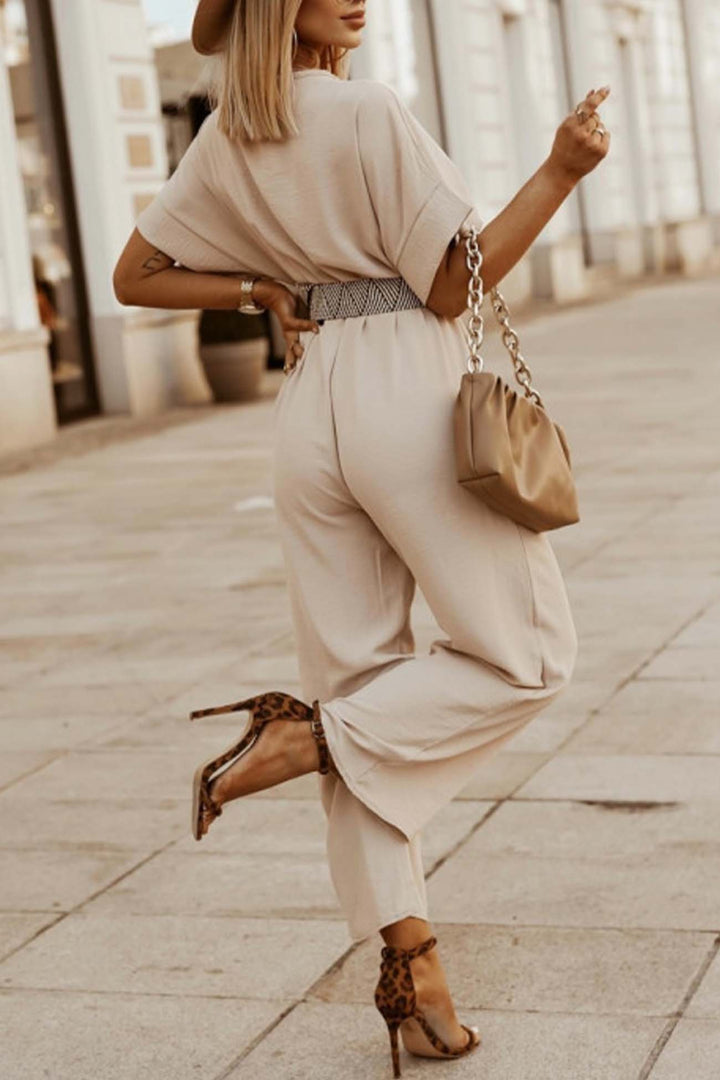 V Neck Batwing Sleeve Waist Tie Jumpsuits Blue · 2XL