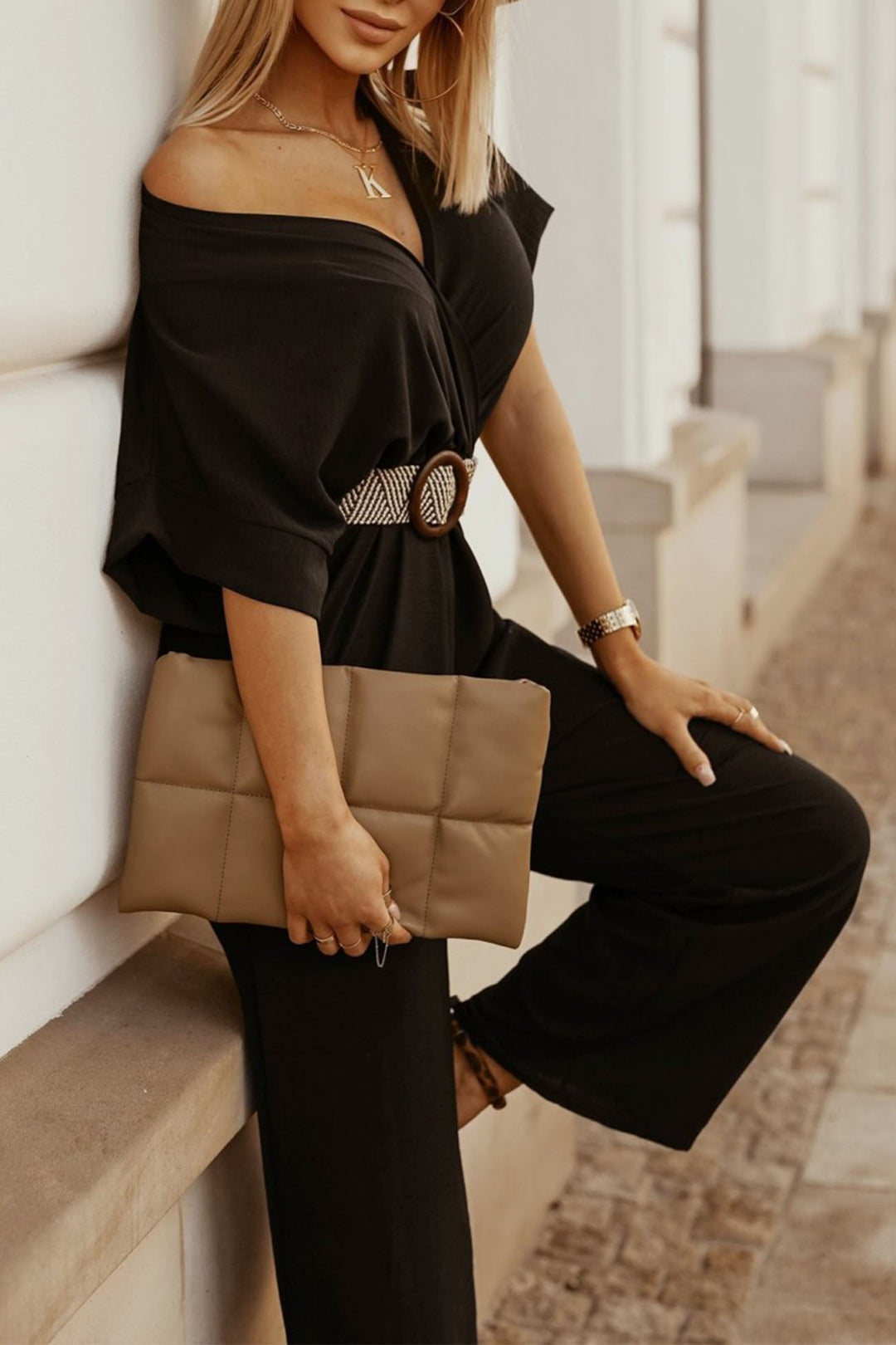 V Neck Batwing Sleeve Waist Tie Jumpsuits Beige · XL