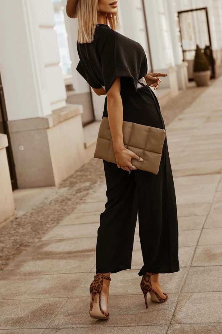 V Neck Batwing Sleeve Waist Tie Jumpsuits Black · S