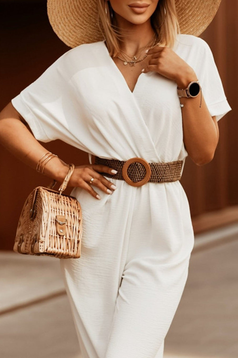 V Neck Batwing Sleeve Waist Tie Jumpsuits Green · M