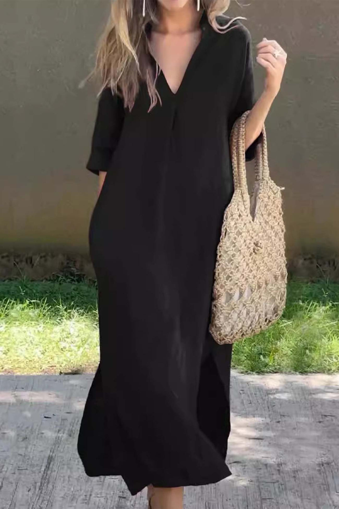 V Neck Half Sleeve Slit Midi Dress Red · 2XL