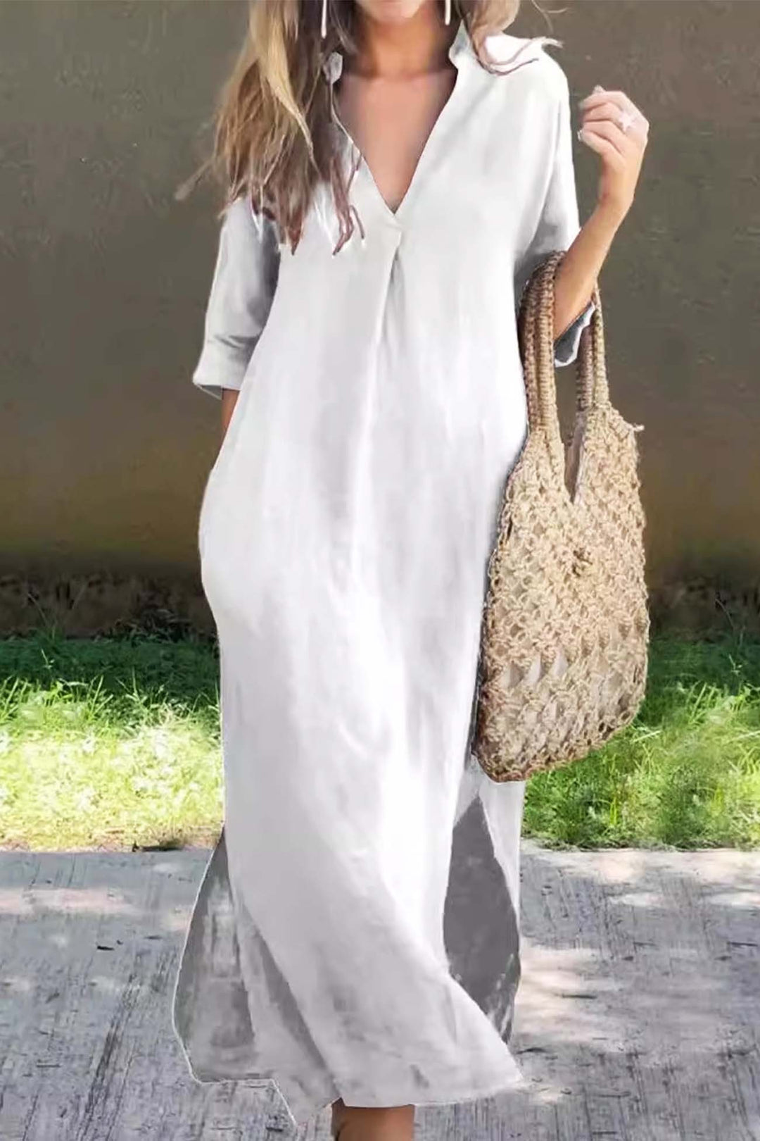 V Neck Half Sleeve Slit Midi Dress Red · 3XL