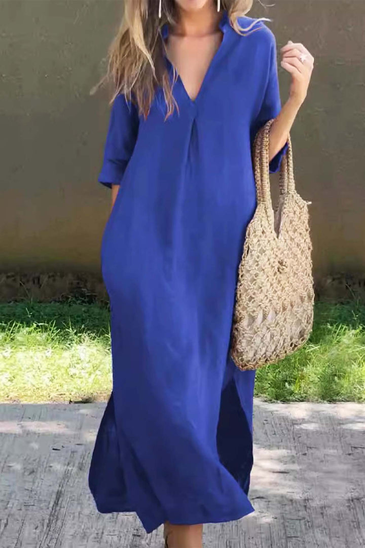 V Neck Half Sleeve Slit Midi Dress Red · L