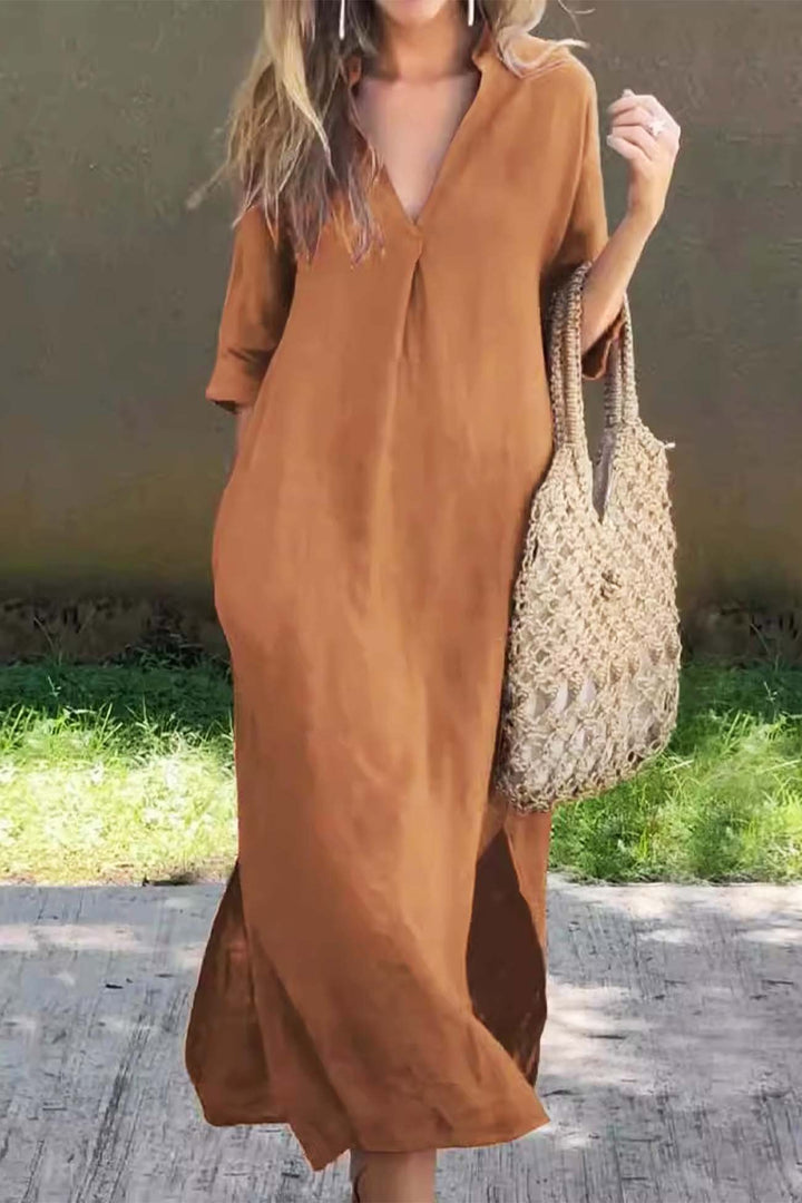 V Neck Half Sleeve Slit Midi Dress Red · XL