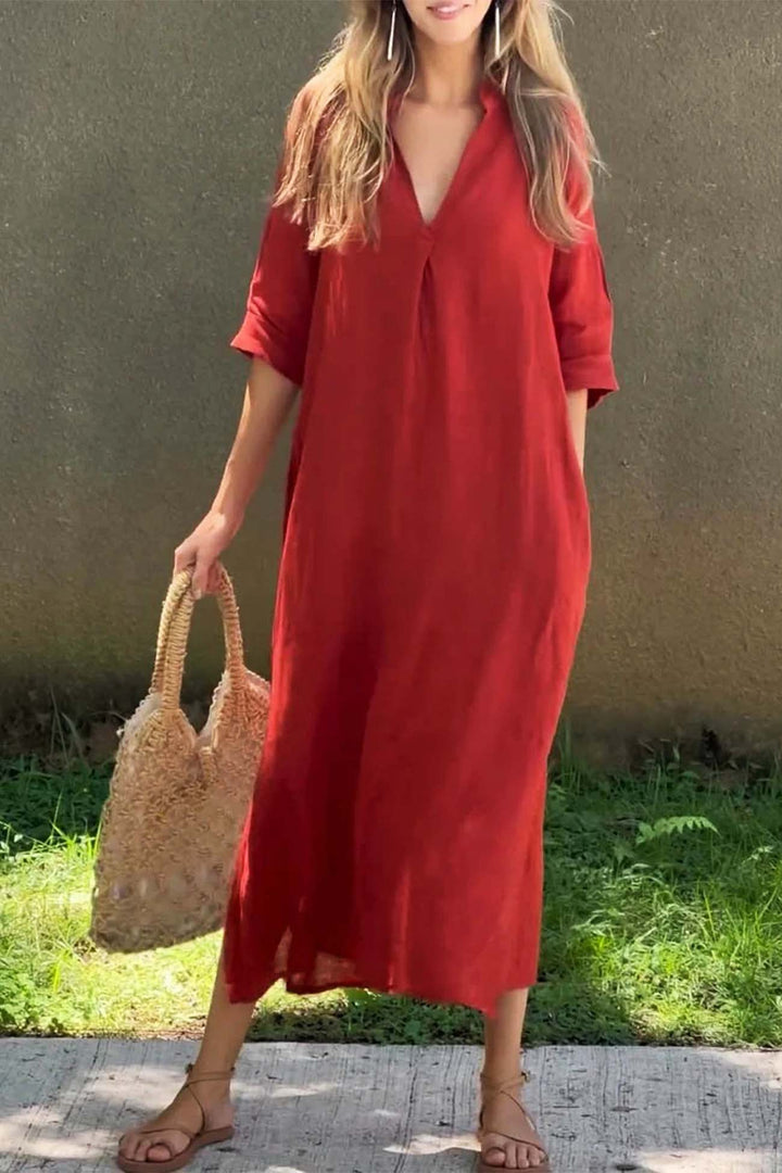 V Neck Half Sleeve Slit Midi Dress Red · S