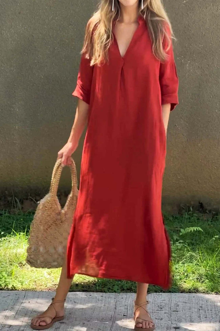 V Neck Half Sleeve Slit Midi Dress Red · M