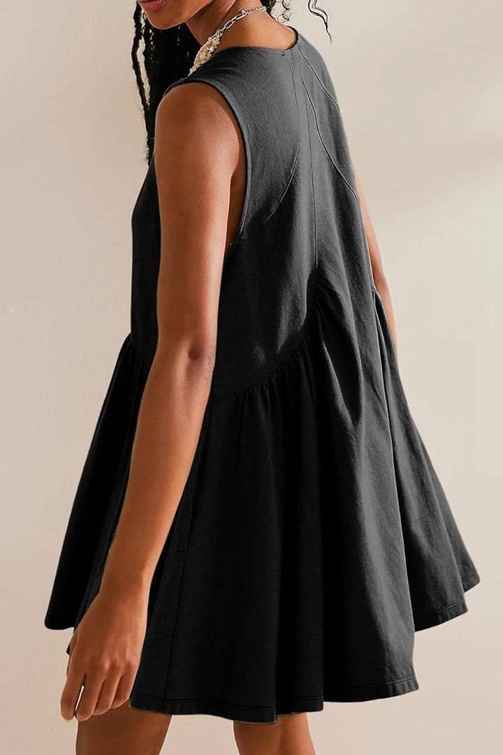 V Neck Sleeveless Pocket Pleated Mini Dress Brown · XL