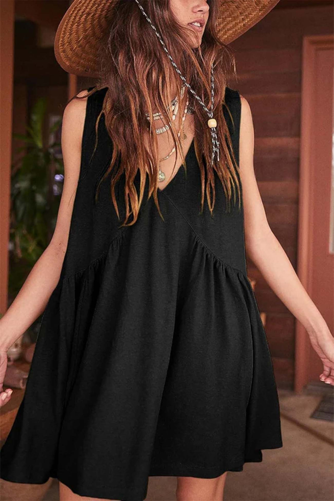 V Neck Sleeveless Pocket Pleated Mini Dress Brown · M