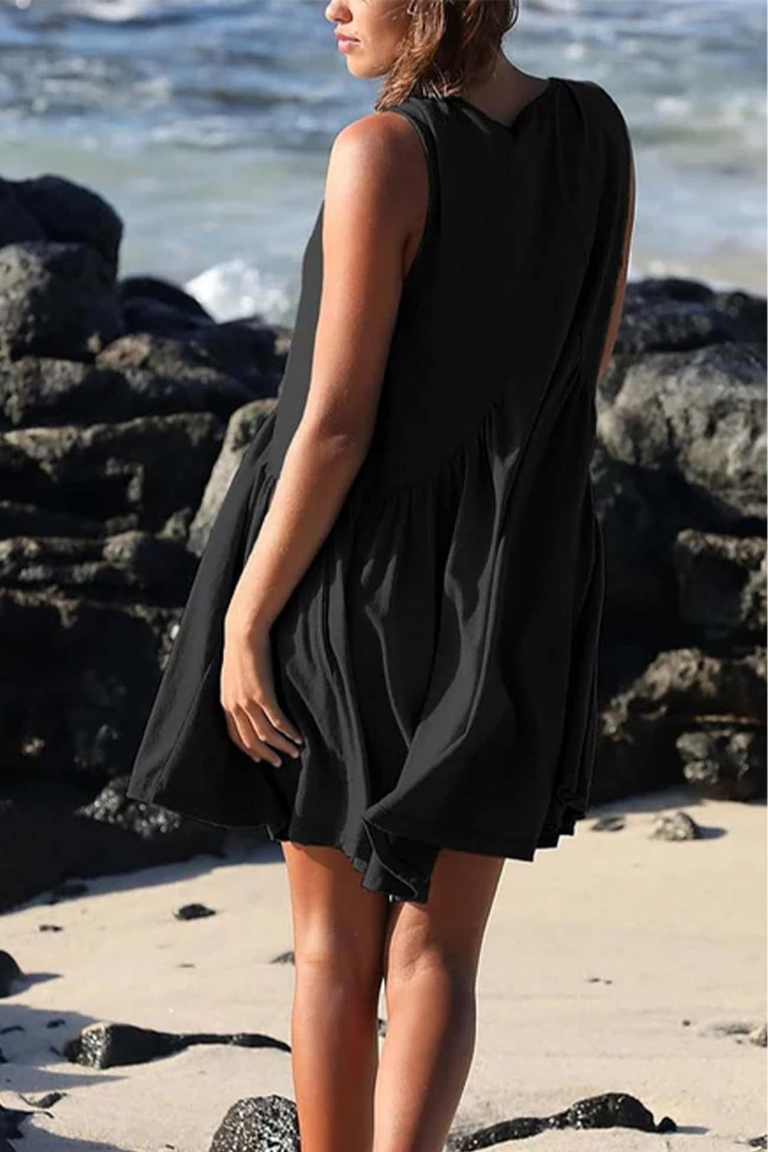 V Neck Sleeveless Pocket Pleated Mini Dress Brown · L