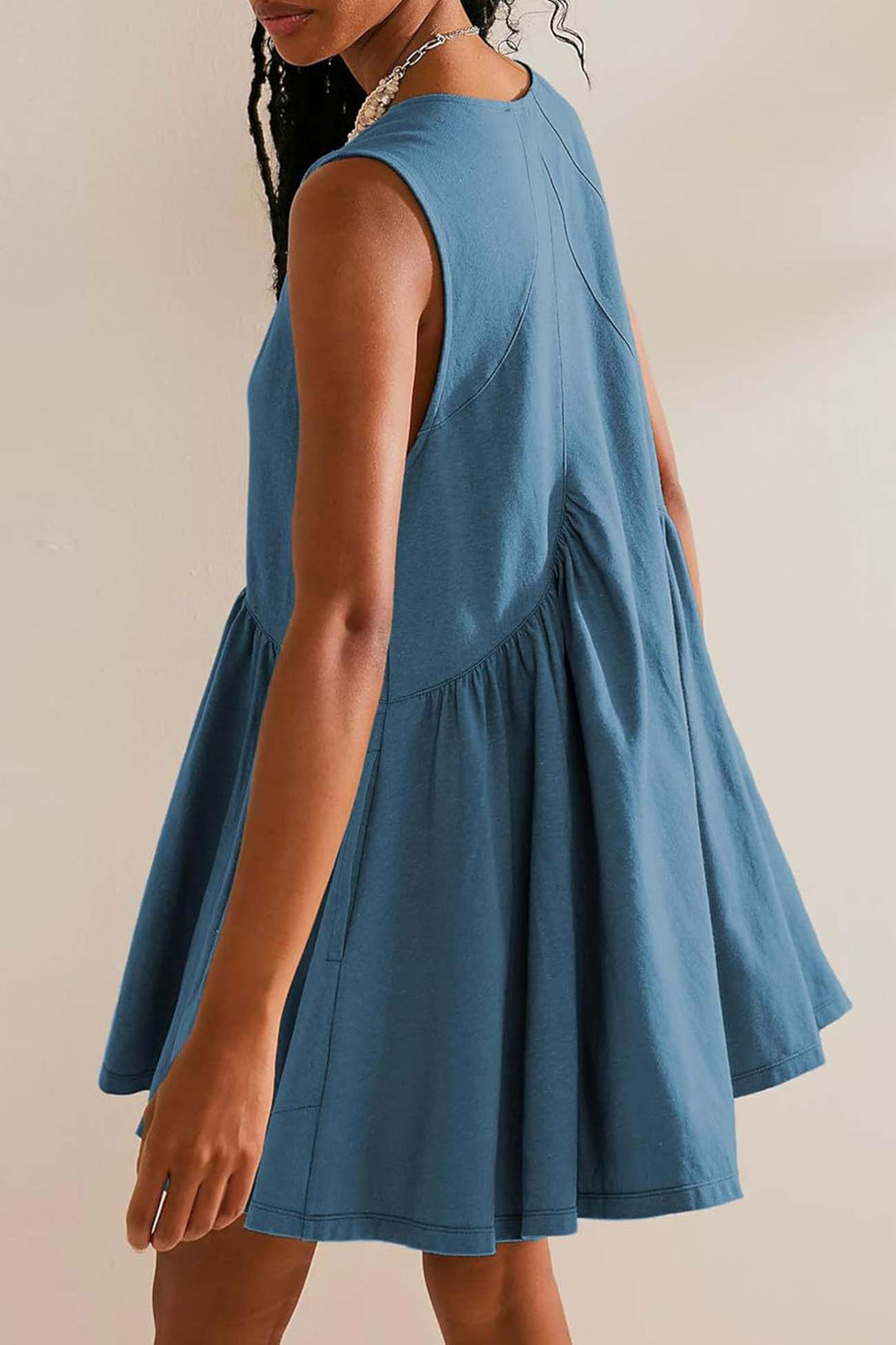 V Neck Sleeveless Pocket Pleated Mini Dress khaki · S