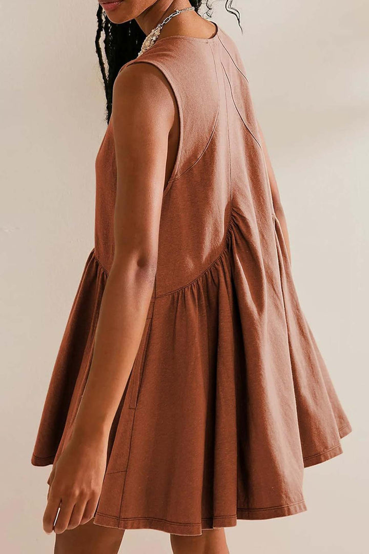 V Neck Sleeveless Pocket Pleated Mini Dress Light Blue · L