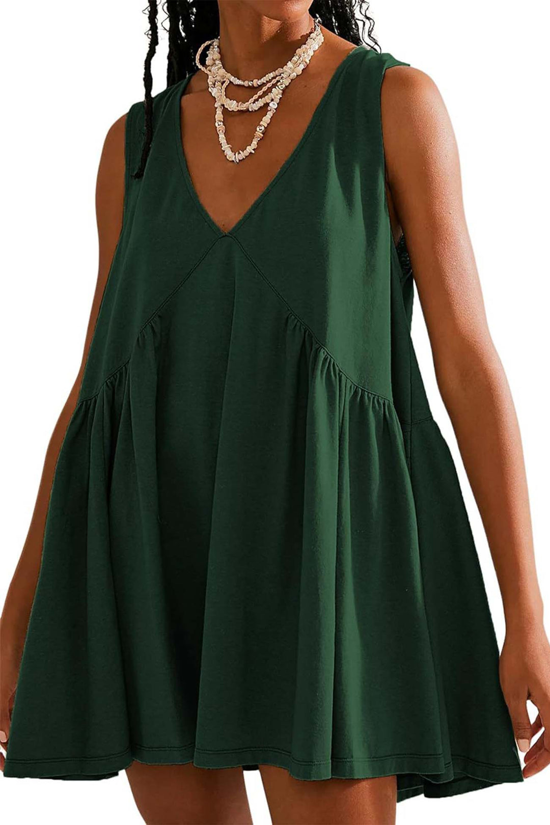 V Neck Sleeveless Pocket Pleated Mini Dress Black · XS