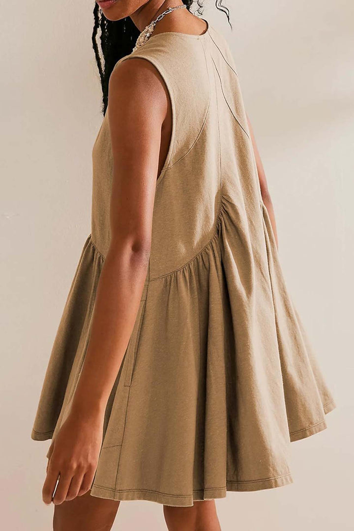 V Neck Sleeveless Pocket Pleated Mini Dress Brown · S