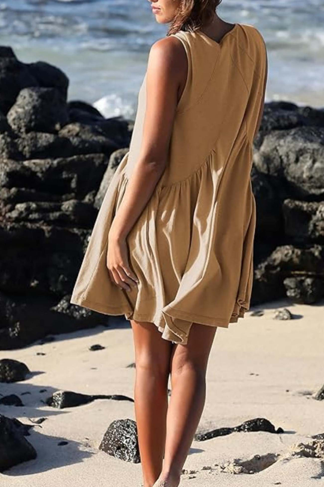 V Neck Sleeveless Pocket Pleated Mini Dress Brown · XS