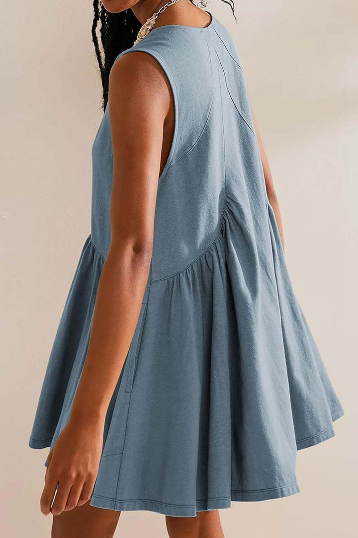 V Neck Sleeveless Pocket Pleated Mini Dress Light Blue · XS