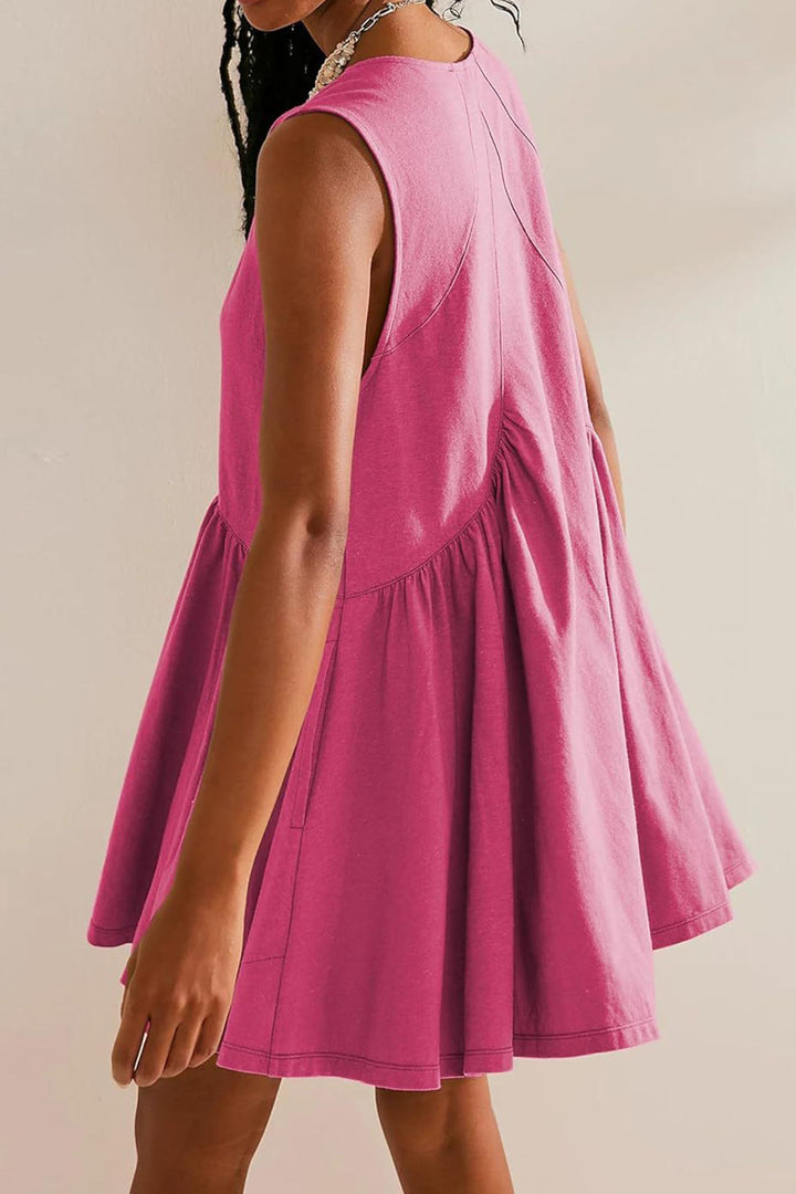 V Neck Sleeveless Pocket Pleated Mini Dress khaki · XL