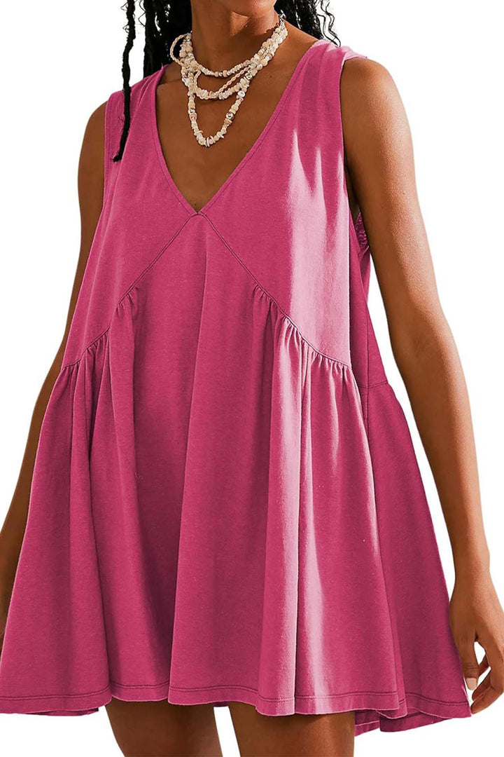 V Neck Sleeveless Pocket Pleated Mini Dress khaki · M