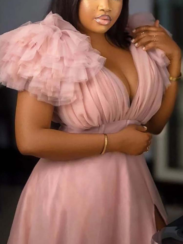 Tulle Ruffle Maxi Dress Nude Pink / 2XL