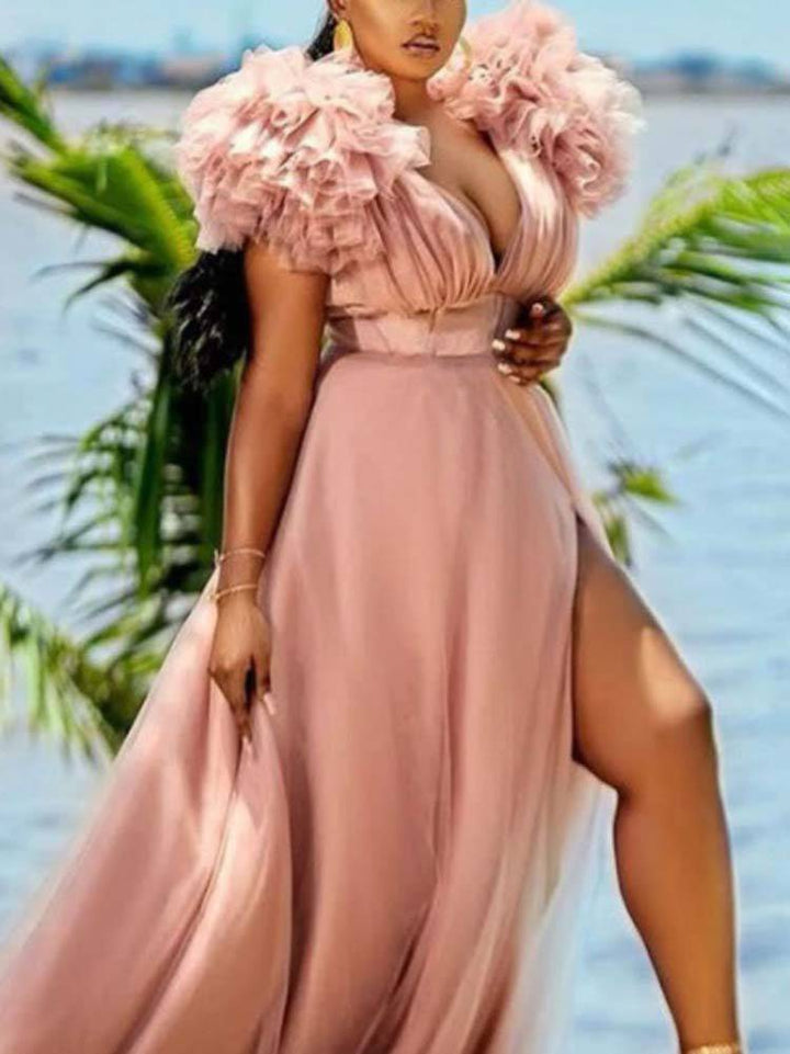 Tulle Ruffle Maxi Dress Nude Pink / 3XL