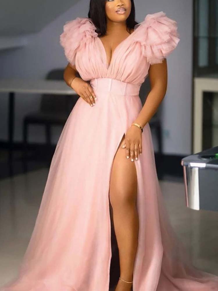 Tulle Ruffle Maxi Dress Nude Pink / XL
