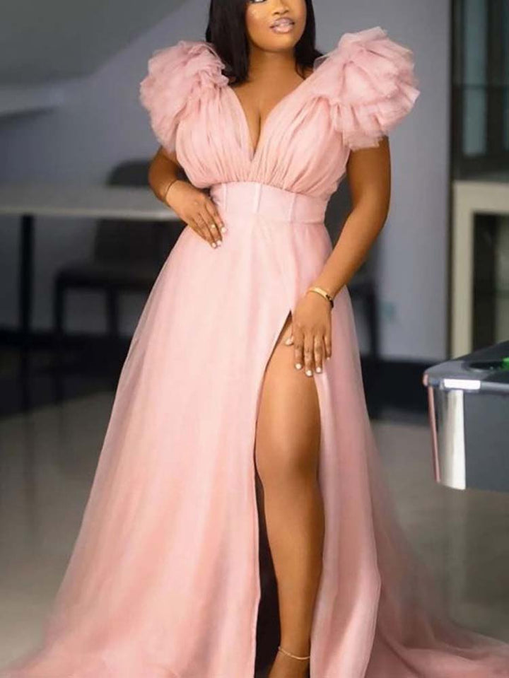 Tulle Ruffle Maxi Dress Nude Pink / XL
