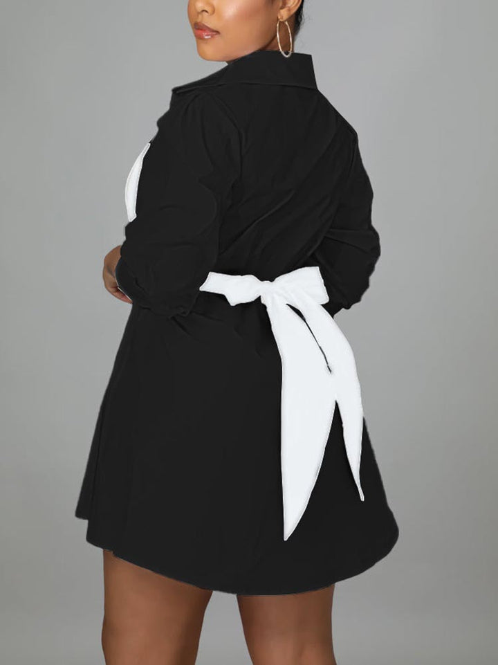 Patchwork Lace Up Shirt Dress Black Red / S