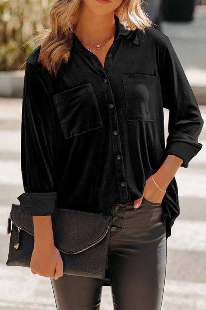Velvet Pocketed Single-breasted Blouse Pink · L