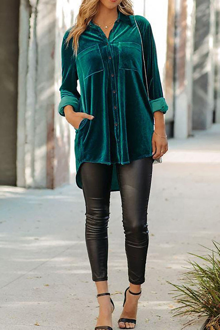 Velvet Pocketed Single-breasted Blouse Black · 2XL