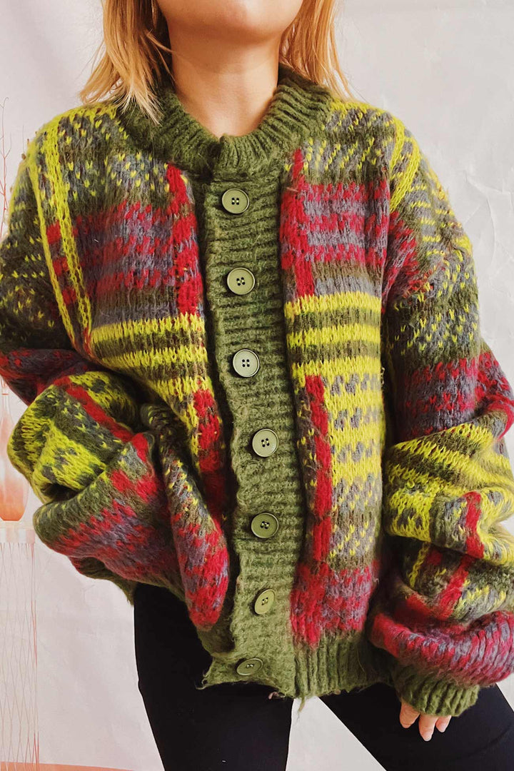 Vintage Contrast Striped Cardigan Green · M