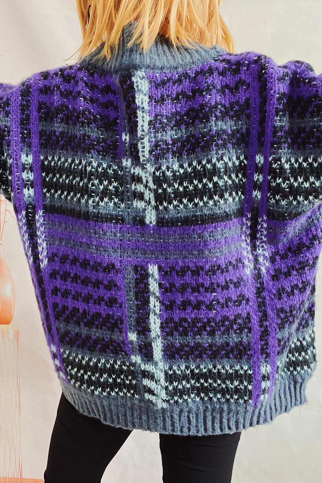 Vintage Contrast Striped Cardigan Purple · XL