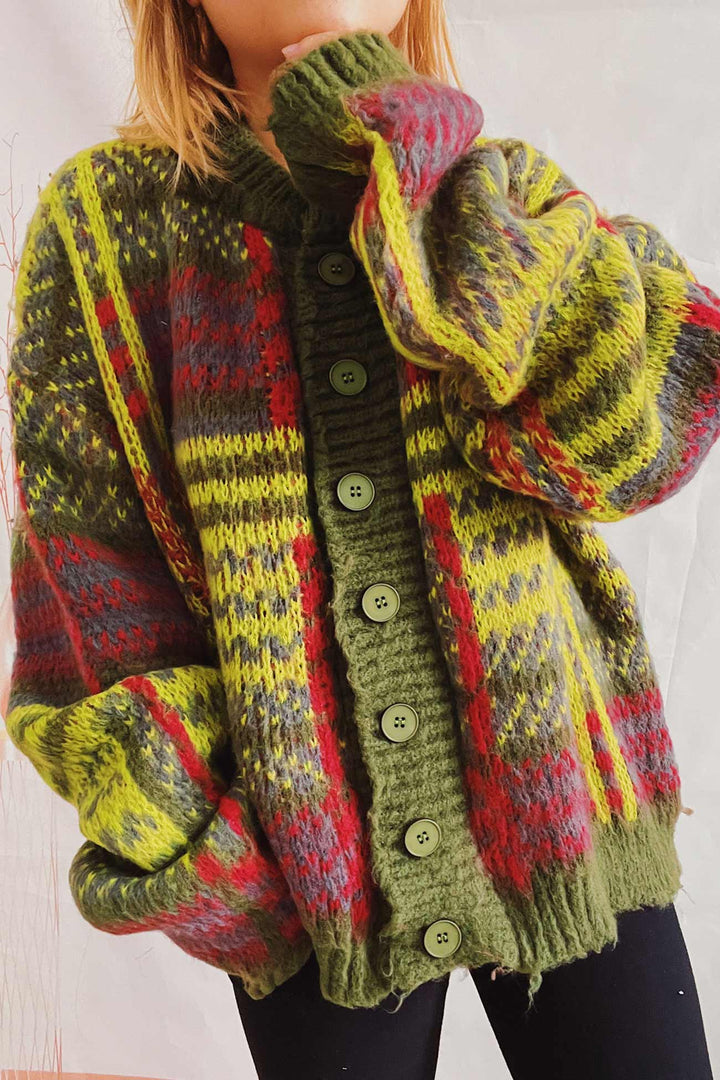 Vintage Contrast Striped Cardigan Green · XL