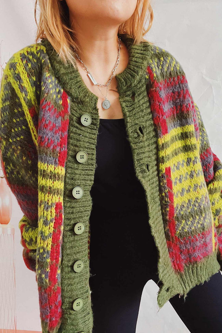Vintage Contrast Striped Cardigan Green · L