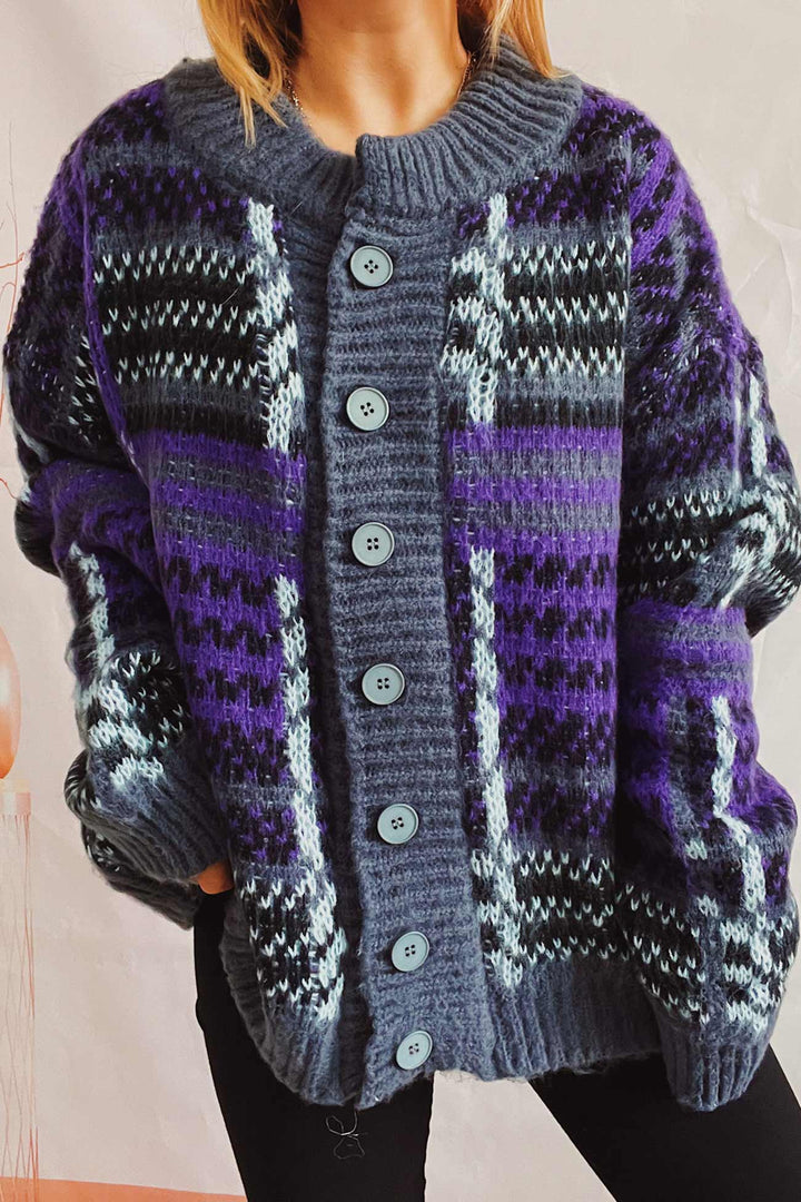 Vintage Contrast Striped Cardigan Purple · S