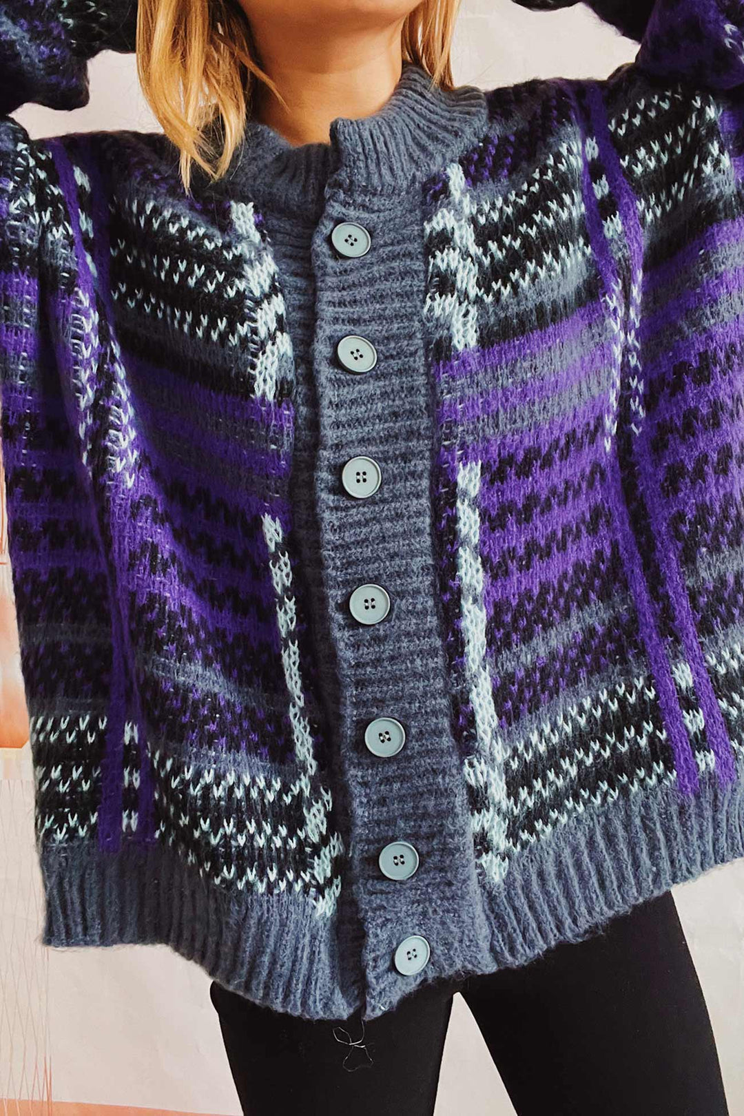 Vintage Contrast Striped Cardigan Purple · L