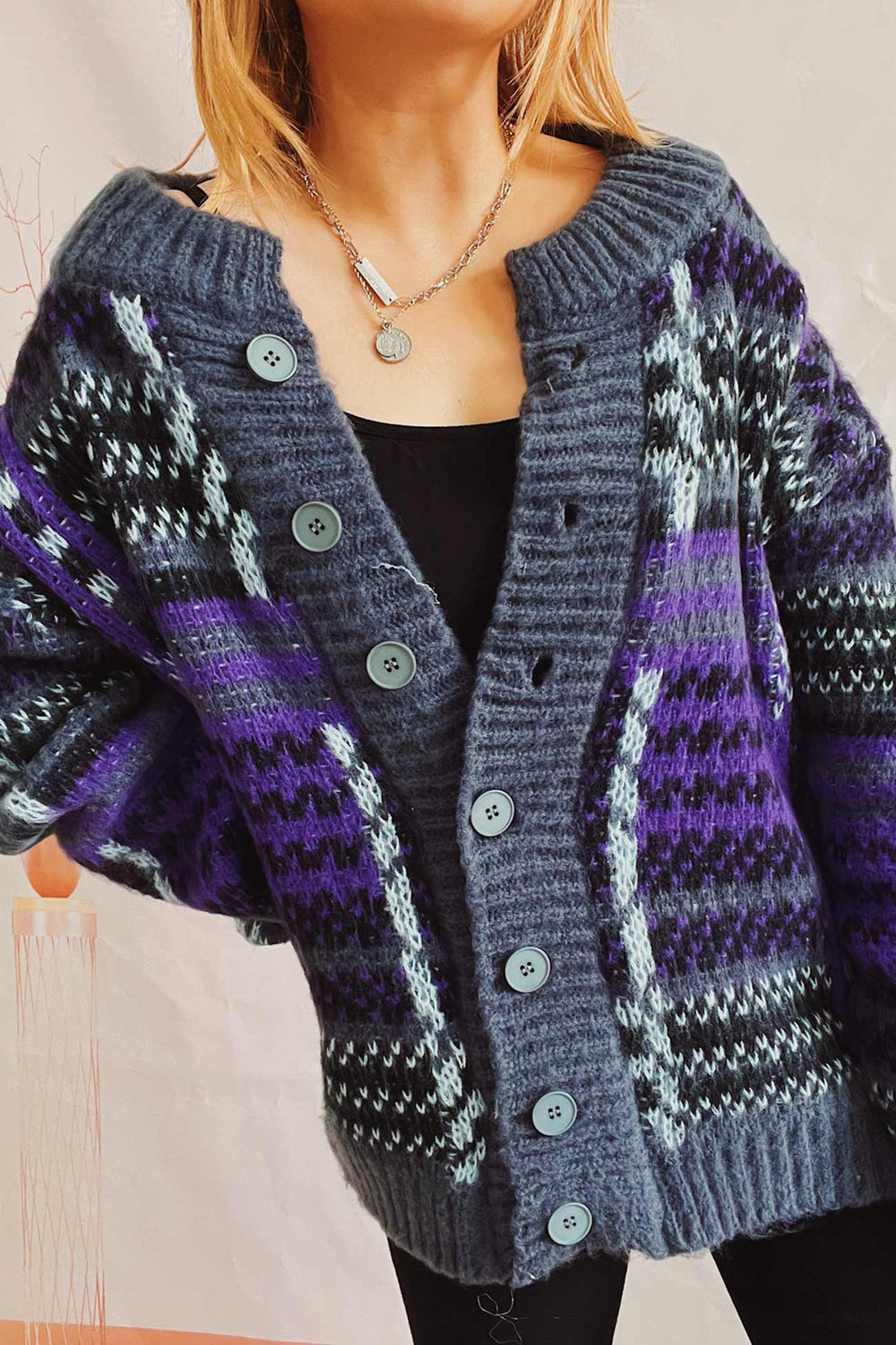 Vintage Contrast Striped Cardigan Purple · M
