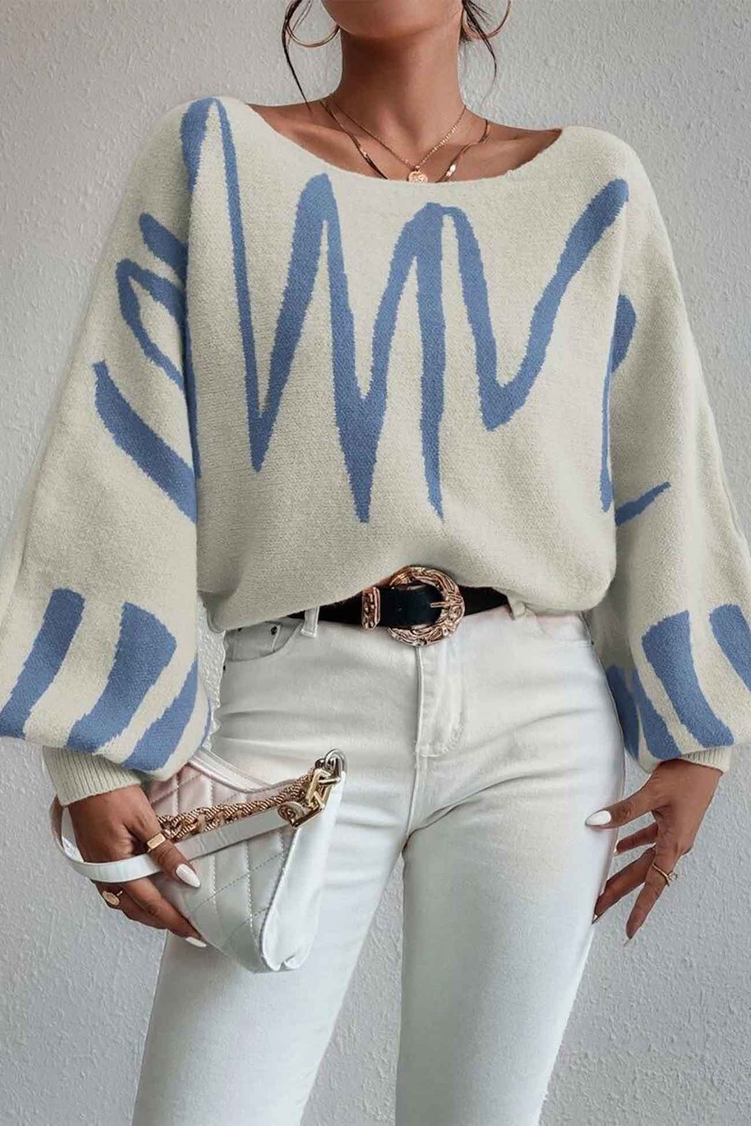 Geometric Lantern Sleeve Knitted Sweater Grey · L