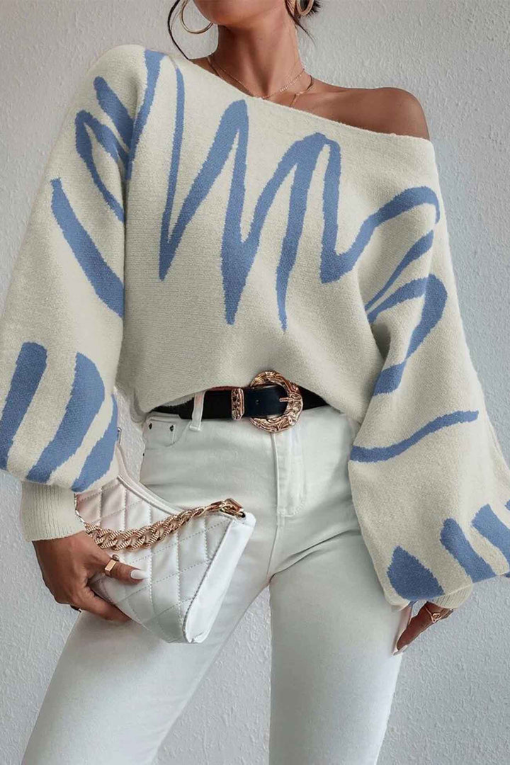 Geometric Lantern Sleeve Knitted Sweater Grey · M