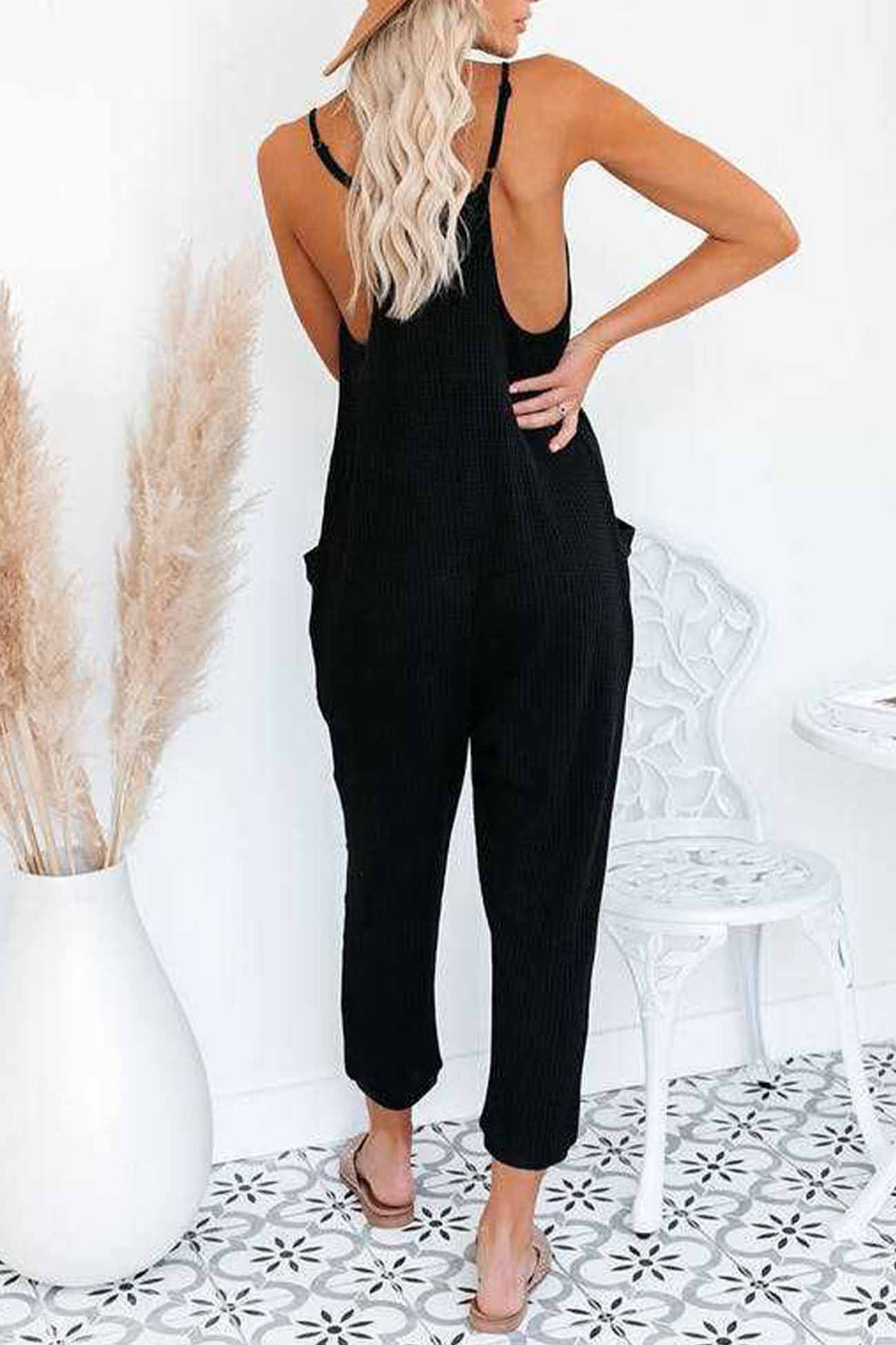 Waffle V Neck Spaghetti Straps Jumpsuits Dark Grey · 3XL