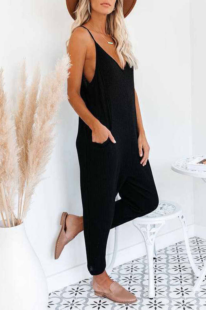 Waffle V Neck Spaghetti Straps Jumpsuits Black · S