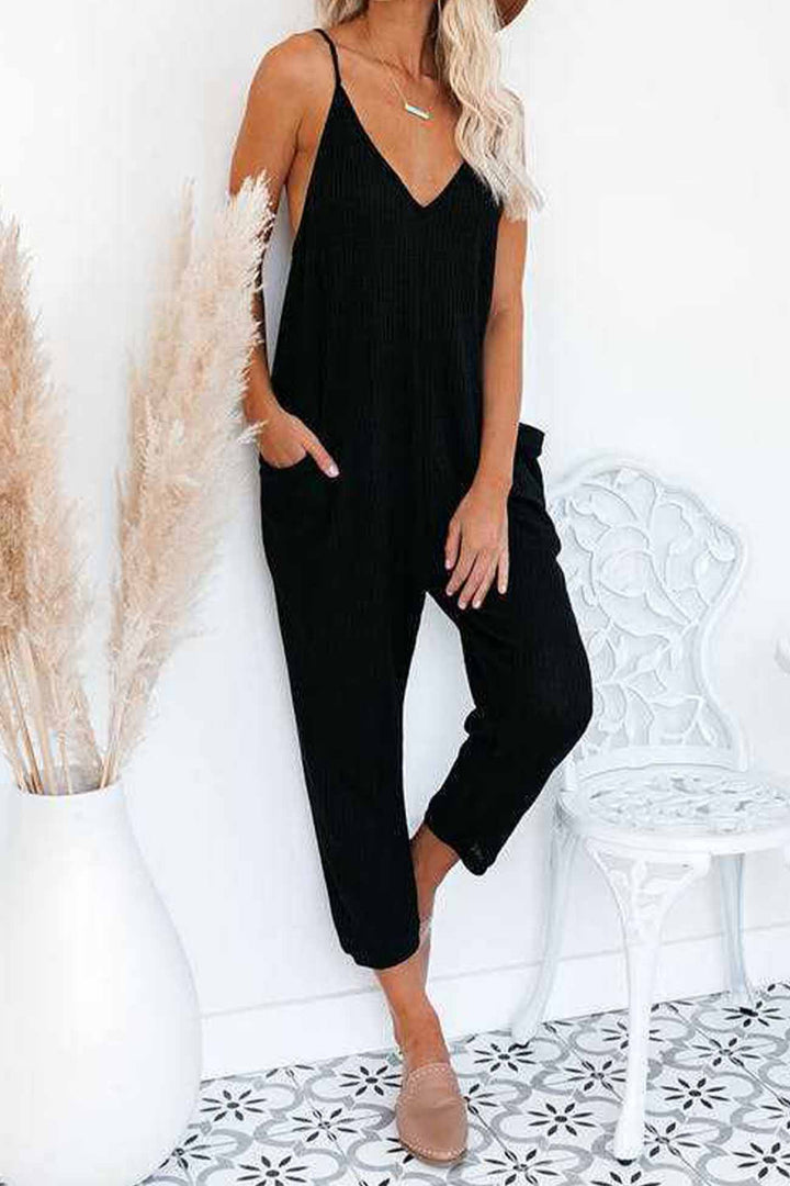 Waffle V Neck Spaghetti Straps Jumpsuits Black · L