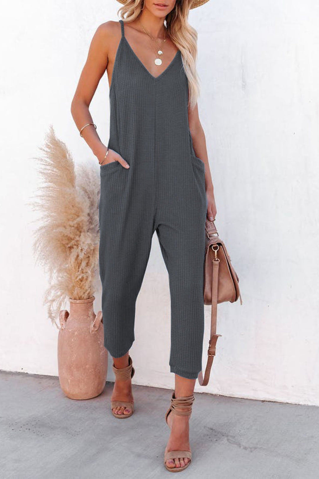 Waffle V Neck Spaghetti Straps Jumpsuits Dark Grey · M